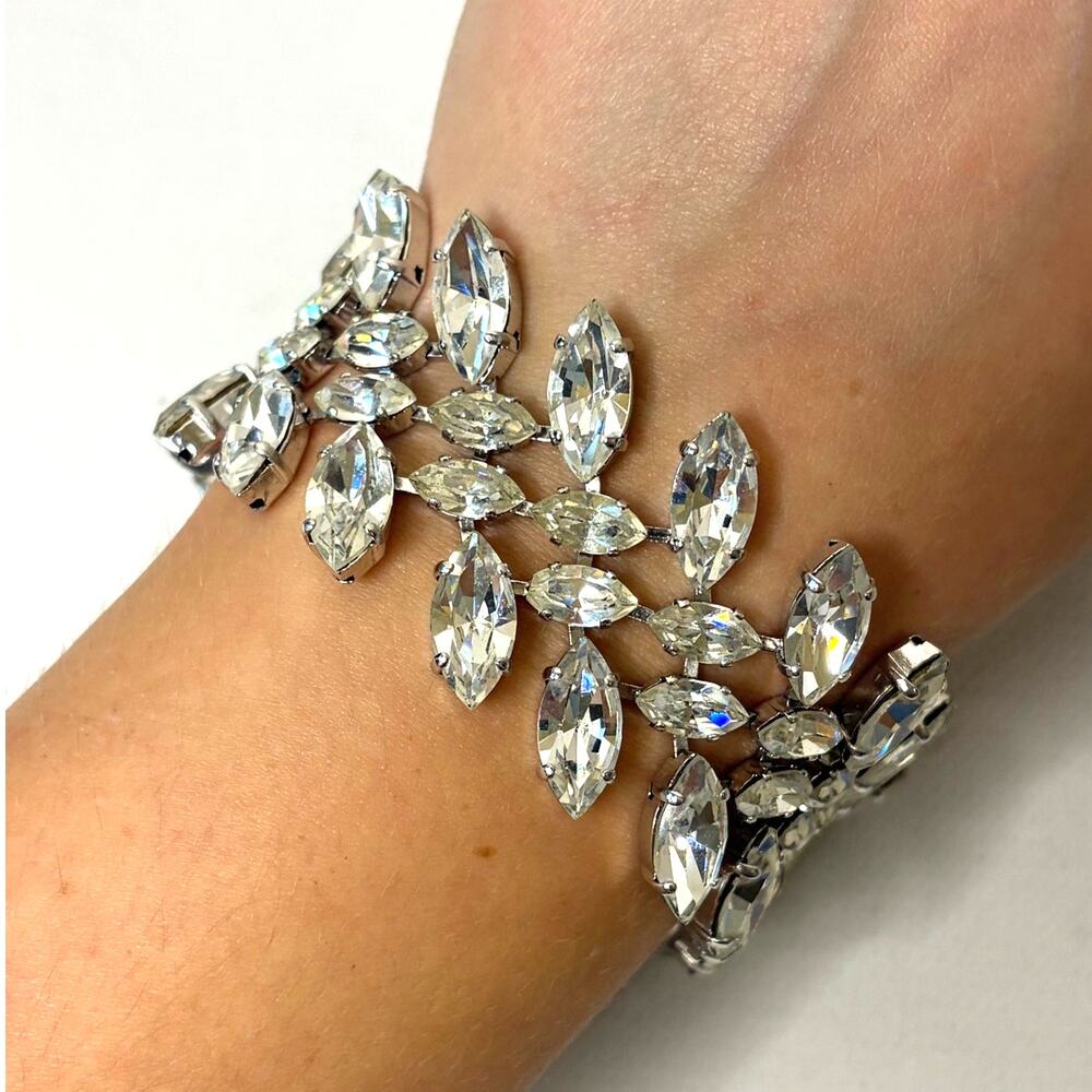 Castlecliff Signed Rhinestone Chunky Statement Bracelet Safety Chain Silver Tone